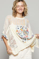 POL Hollow Out Floral Half Sleeve Knit Top Cream OutfitFlow
